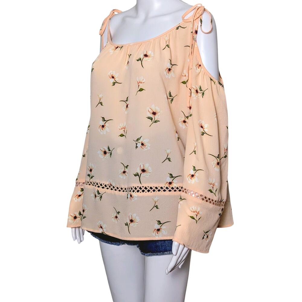 PERCH By Blu Pepper Peach Floral Cold Shoulder Boho Feminine Shirt 2XL